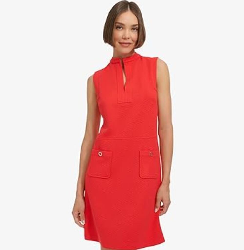 Tommy Hilfiger Shift Mini Dress WMNS 16 Pink Sleeveless Split Neck Jacquard Knit